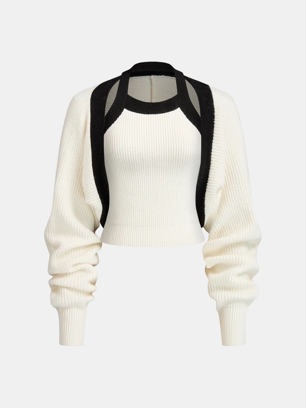 NWT Cropped Ivory Rib-Knit Sweater with Black Trim Shrug